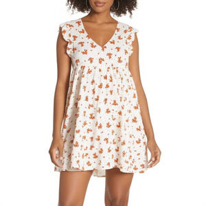 EVERLY Dress Womens Size M White Floral Babydoll Ruffle V Neck Eyelet Boho
